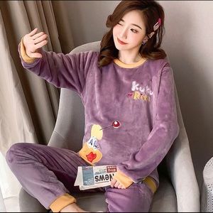 Women Winter Fleece Flannel Long Sleeve Cartoon Pajama Sleepwear
